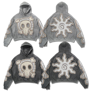 Diamantes de imitación lavado ácido Flare pantalones de chándal Zip up Hoodie 2 piezas Set Unisex Vintage lavado ácido hombres chándal básicos algodón mezclado - Product Image 5