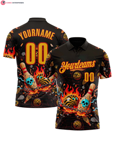 เสื้อโปโลลายหัวกะโหลกเปลวไฟขนาดพลัสไซส์สำหรับผู้ชายชุดโบวลิ่งสีดำทอง-แดง3D ตามสั่ง - Product Image 1