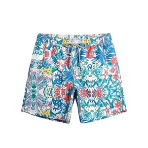 Shorts de bain pour hommes 130 GSM en polyester peau de pêche, imprimé floral tropical bleu et blanc, sublimation, logo personnalisé, vêtements de plage pour hommes - Product Image 1