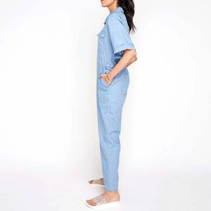 Mono de algodón 100% de verano transpirable informal liso con cuello levantado de manga corta de longitud completa de último diseño para mujer - Product Image 4