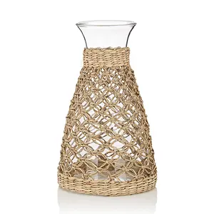 Elegant Recycled Glass Woven Seagrass Wrapped Drinkware Water Pitcher Handcrafted from Vietnam