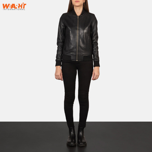 Chaqueta de bombardero con cremallera ajustada de cuero genuino negro para mujer, prendas de vestir exteriores informales con cuello levantado, abrigo de moda con logotipo personalizado transpirable - Product Image 6