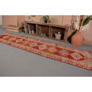 Tapis turc vintage grand 2,8x12 pieds classique rouge beige motif abstrait laine matériau 10mm Latex pour couloir chambre décor - Product Image 3