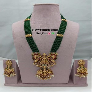 Factory Sale Traditional Crystal Long Necklace Jewellery <b>Set</b> With Green Color Matching Earrings For Women And Girls - Product Image 1