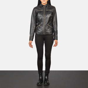 Chaqueta de Cuero Genuino Negra para Mujer, Cuello Camisero, Cierre de Cremallera, Bolsillos en el Pecho, Chaqueta de Motera de Piel de Oveja, Prenda Exterior Clásica Informal Personalizada - Product Image 2