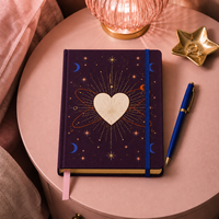 Carnet LABON personnalisé Cœur Céleste en tissu prune, couverture rigide, feuille d'or, rayons solaires, orbite atomique, croissants de lune, boussole, étoiles