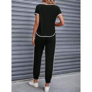 Ensemble deux pièces pour femme, chemisier à manches courtes, col rond, détails rayés, viscose, deux fils, et pantalon, 31177 - Noir - Product Image 4