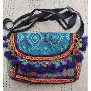 Bohemian <b>Embroidered</b> Handmade Suede <b>Clutch</b> <b>Bag</b> with Tassel Decoration and Tribal Pattern Small Size for Evening Use - Product Image 2