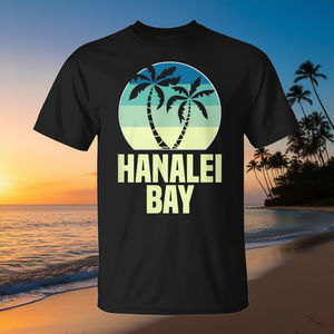 T-shirt rétro avec motif palmier et coucher de soleil de Hanalei Bay, vêtement promotionnel élégant - Product Image 3