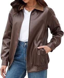 Chaqueta de moto de gran tamaño de moda de otoño e invierno para mujer, abrigo de bombardero informal con cremallera de piel sintética, forro frontal transpirable de PU/viscosa - Product Image 4