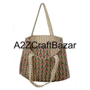 Bolsa de Compras de Algodón Hecha a Mano con Estampado de Bloques Indio, Bolsa de Mano para Mujer, Bolsa de Hombro Acolchada con Estampado de Bloques Hecha a Mano - Product Image 3