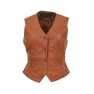 <b>Women's</b> Genuine Leather Waistcoat Windproof Streetwear Motorcycle Biker <b>Vest</b> with Logo Embroidery Decoration Zipper Closure - Product Image 1