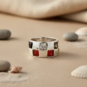 Romantic <b>Silver</b> Gemstone <b>Ring</b> for Women Asscher <b>Emerald</b> Cut Square Stone Geometric Pattern Rhodium Plated Platinum Cut Pearl - Product Image 3