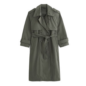 Manteau trench long vintage à double boutonnage pour femme avec ceinture |   Usine de fabrication OEM/ODM de vêtements en laine 100% écologiques à marque privée - Product Image 1