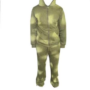 Ensemble de survêtement pour homme avec sweat à capuche imprimé intégral et strass, pantalon de survêtement évasé et superposé, survêtement personnalisé délavé au soleil, taille plus, 100% coton - Product Image 4