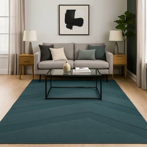 Alfombra Rectangular Delgada de Lana 100% Teal con Rayas Modernas, Textura de Pelo Medio, Tejida a Mano, Ecológica, para Sala de Estar/Hogar - Product Image 1