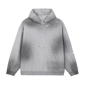 Sweat à capuche pour homme en molleton de coton, effet délavé Monkey Wash, déchiré, avec boutons cachés, style rétro personnalisé - Product Image 1