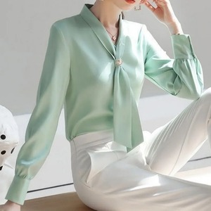 Cotton Women Spring Autumn Style Blouses Shirts Lady Casual Long Sleeve <b>Bow</b> <b>Tie</b> <b>Collar</b> BlouseTops - Product Image 3