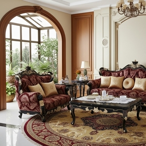 Set di lusso divano damascato rosso con struttura <span class=keywords><strong>in</strong></span> legno intagliato, mobili da soggiorno <span class=keywords><strong>in</strong></span> stile classico europeo, elegante divano e poltrona - Product Image 1