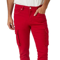 En şık kırmızı renk düz Fit kargo cepler erkekler Denim pantolon düğme ile makul fiyatlarla satılık uçmak