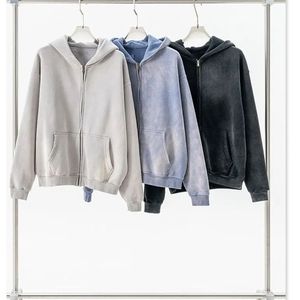 Couper et coudre grande taille prix de gros haute qualité hommes impression personnalisée détresse broderie fermeture éclair à capuche - Product Image 5