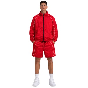Wholesale Red Nylon Track Set <b>Men</b> Zip <b>Jacket</b> Shorts White Piping Streetwear Y2K OEM Supplier USA Bulk <b>Summer</b> Sports Wear <b>Jackets</b> - Product Image 1