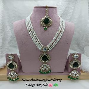 Latest Arrival Classic <b>Antique</b> <b>Gold</b> Plated Pearl Long Set with Green Stone Pendant for Women Wedding Engagement Party - Product Image 1