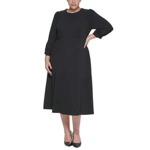 Abito Midi da Donna Calvin Klein Comodo a Trapezio con Spalle a Palloncino in Tessuto Crepe Nero Taglia 16W Vita Naturale - Product Image 1