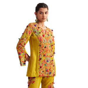 Vente de gros Ensemble Kurta Palazzo en soie moutarde avec broderie Resham et Zari Vêtements de fournisseur d'usine pour femmes ethniques OEM - Product Image 3