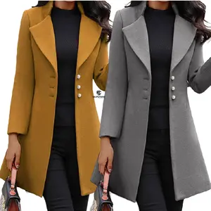 Produsen mantel wol panjang pas badan kasual untuk wanita, mantel wol tahan angin berlapis lengan panjang kerah lipat 100%