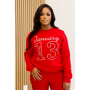 Sudadera de cuello redondo J13 13 de enero Chenille Premium Fleece Sorority Apparel Greek DST Delta Red Heritage Top Servicio OEM - Product Image 1