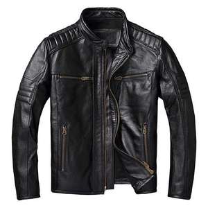 Chaqueta de Cuero Vacuno Genuino para Hombre, Estilo Motero, Cuello Mao, Impermeable, Transpirable, Anti-UV, Forro de Algodón - Product Image 1