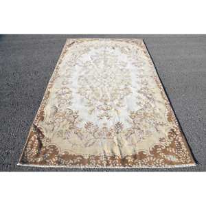 พรมขนแกะสไตล์ตุรกีลายดอกไม้สีเบจสีน้ำตาลขนาด5.3x8.8ฟุตแบบปะต่อสี่เหลี่ยมสำหรับติดห้องนั่งเล่น - Product Image 1