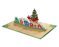 Tarjeta de felicitación navideña 3D con diseño de Papá Noel en trineo y árbol de Navidad