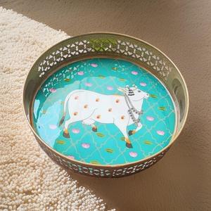 Bandeja de servicio esmaltada de alta calidad, bandeja Pichwai con estampado de vaca tradicional para decoración del hogar, Diwali, boda, impresión personalizada para regalo - Product Image 6