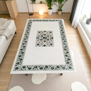 Malachite Inlay White Marble Dining Table <b>Top</b> Pietra Dura Marquetry Arts Luxury Living Room Furniture - Product Image 1