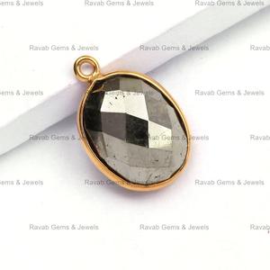 Colgante de Plata de Ley Chapado en Oro con Piedra Preciosa de Pirita Dorada Natural de Primera Calidad, Forma Ovalada de 12x16 mm, para Ella - Product Image 2