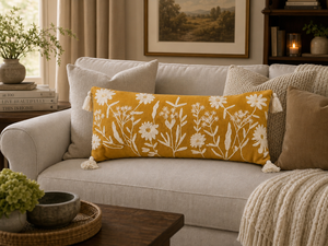 Handcrafted Eco-Friendly Mustard Wildflower Embroidered Cotton Lumbar <b>Pillow</b> Cover Decorative <b>Long</b> Accent Cushion <b>Case</b> Tassels - Product Image 5