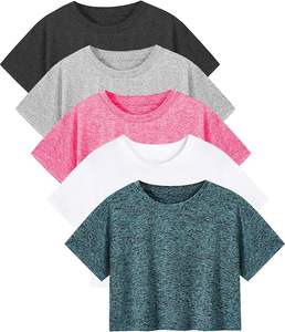 Haut court athlétique à coupe sèche pour femmes à manches courtes col rond t-shirt d'entraînement de yoga respirant avec décoration de logo - Product Image 4