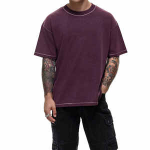 เสื้อยืดโอเวอร์ไซส์ผู้ชาย สีพื้น แขนสั้น ล้างสีแบบแอซิดวอช คอกลม แต่งขอบตัดกัน สไตล์ลำลอง ผ้าเจอร์ซีย์ถัก 100% ผ้าฝ้าย - Product Image 1