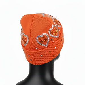Gorro de punto acrílico elástico suave de primera calidad para hombre, color naranja, con logotipo personalizado de diamantes de imitación, gorro de invierno cálido de jacquard - Product Image 2