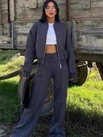 Setelan sweter Wanita Lengan penuh, setelan 2 potong ritsleting ringan katun organik 100%, setelan keringat wanita trendi, baju olahraga longgar bersirkulasi