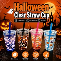 Gobelets en plastique transparent de 16 oz pour fêtes d'Halloween avec couvercle à vis, paille réutilisable, impression personnalisée, cadeaux