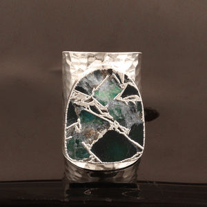 Mohave – bague de luxe en cuivre vert, turquoise, anneau de déclaration ouvert réglable, en laiton plaqué argent, finition martelée, anneau de pouce - Product Image 1