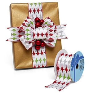 Mod Harlequin Christmas Glittery <b>Ribbon</b> <b>Wire</b>-Edged Burlap Material - Product Image 1