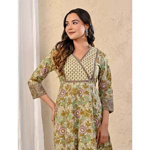 Vestido largo de algodón gris con estampado floral y corte en A, cintura imperio, estilo moderno - Product Image 1