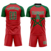 Ensemble de maillots de football personnalisés avec drapeau du Maroc pour hommes, rouge et vert, sublimé, 100% polyester, 420g, manches courtes, col rond, évacuation de l'humidité