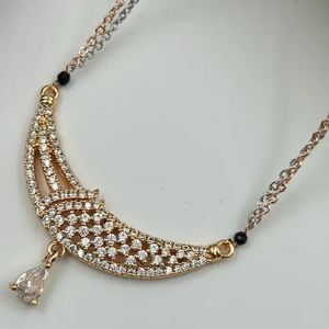 925 Stealing Sliver Moissanite Diamond Mangalstra <b>Pendant</b> with Two Tone Chain <b>Black</b> Beads <b>Necklace</b>, - Product Image 5