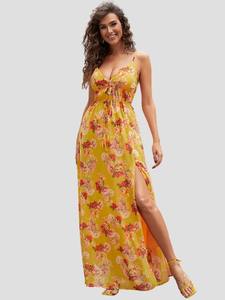Exclusive Summer Yellow Women's Empire Waist Floral Deep V-neck Spaghetti Strap <b>A</b>-<b>Line</b> Printed Sleeveless Bohemian Long <b>Dress</b> - Product Image 4