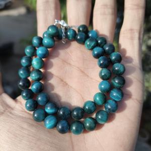 Sleek Blue Tiger's Eye 8mm Smooth Beads Unisex Beaded <b>Necklace</b> with Hook & <b>Chain</b> Sterling Silver Clasp Boho & Hippie Style - Product Image 2